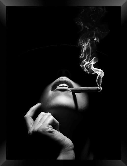 Woman smoking a cigar Framed Print by Johan Swanepoel