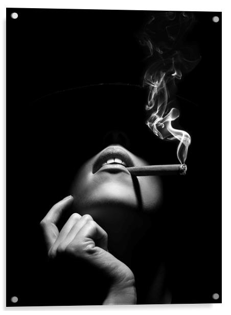 Woman smoking a cigar Acrylic by Johan Swanepoel