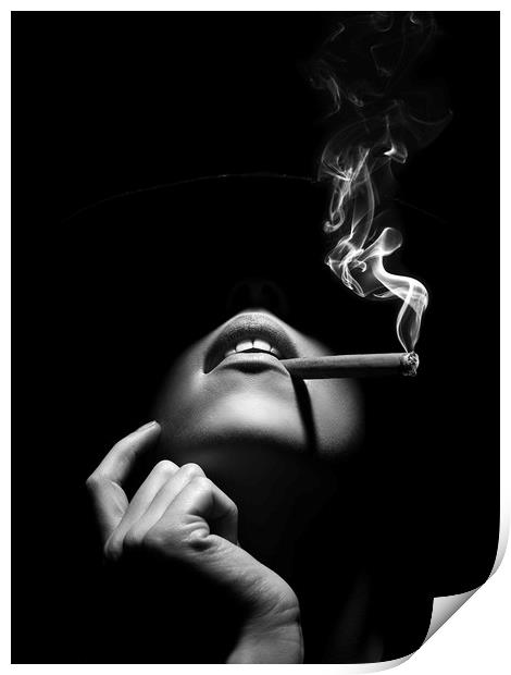 Woman smoking a cigar Print by Johan Swanepoel