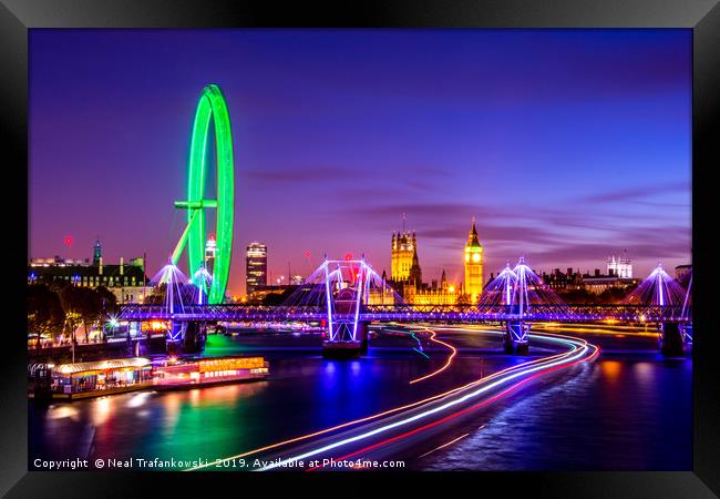 London City At Night Bright Neon Colours  Framed Print by Neal Trafankowski