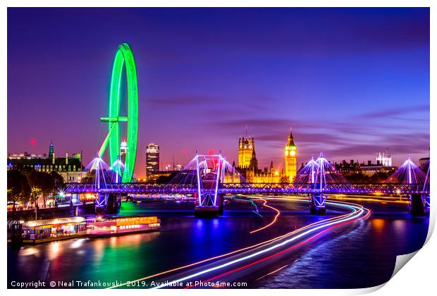 London City At Night Bright Neon Colours  Print by Neal Trafankowski