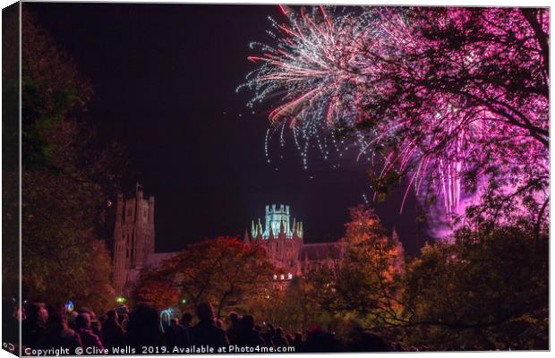 Fireworks over Ely Cathederal Canvas Print by Clive Wells