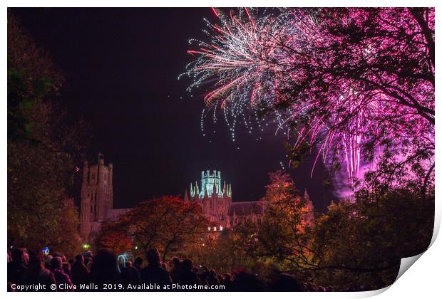 Fireworks over Ely Cathederal Print by Clive Wells