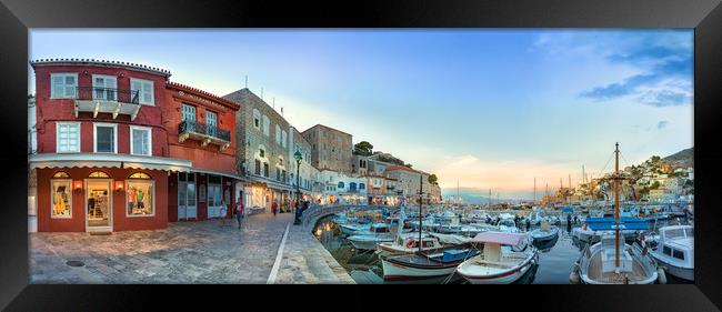 Panoramic of the waterfront of Hydra, Greece. Framed Print by RUBEN RAMOS