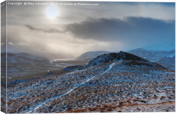 Snow showers over Loch Muick Canvas Print by Mike Johnston
