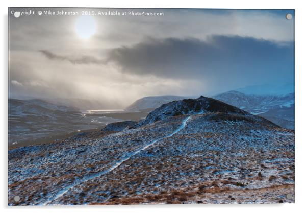 Snow showers over Loch Muick Acrylic by Mike Johnston