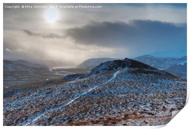 Snow showers over Loch Muick Print by Mike Johnston