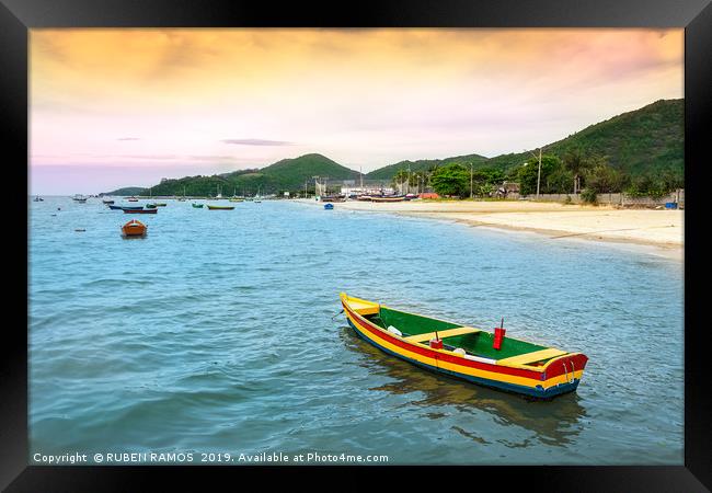 Colorful wooden fishing boat at the beach in Porto Framed Print by RUBEN RAMOS