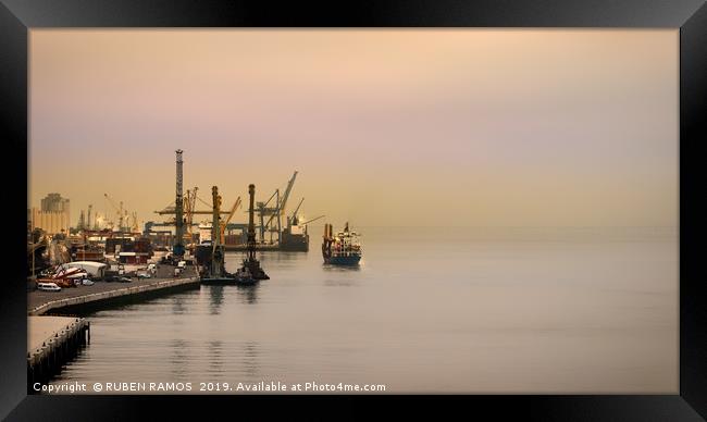 The port of Lisbon in a foggy day. Framed Print by RUBEN RAMOS