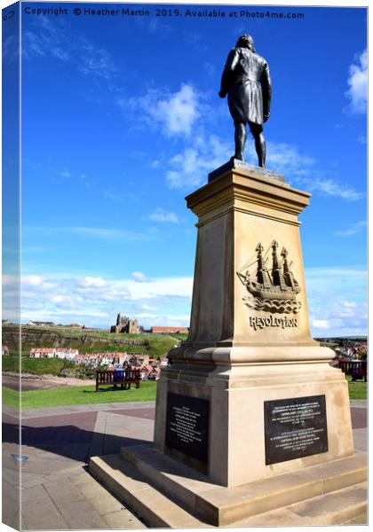 Captain Cook watching over Whitby Harbour Canvas Print by Heather McGow