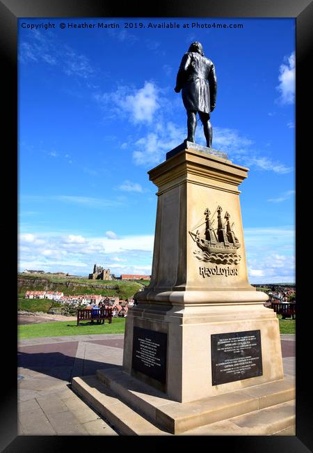 Captain Cook watching over Whitby Harbour Framed Print by Heather McGow