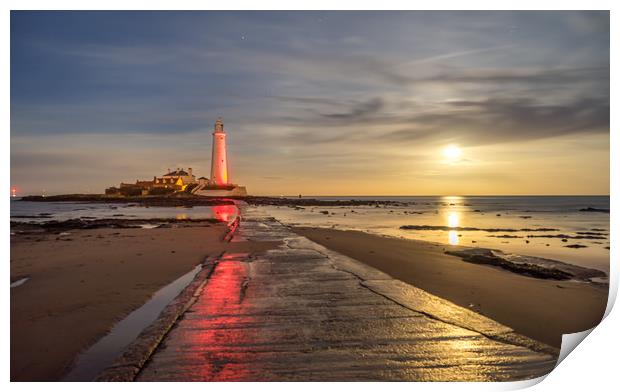 Red lighthouse at night Sailors delight Print by Naylor's Photography