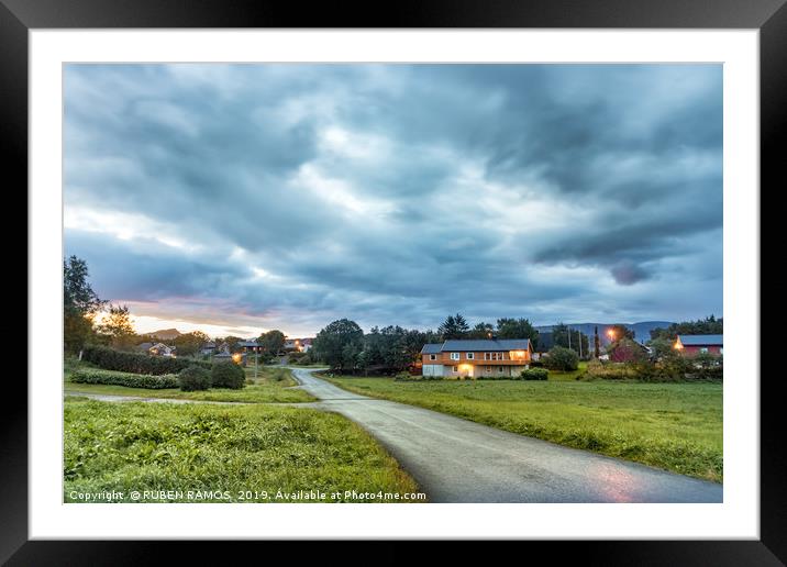The Gardsoy road and houses in Bronnoysund, Norway Framed Mounted Print by RUBEN RAMOS