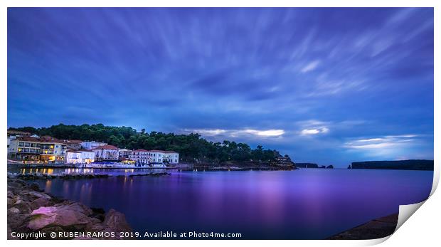 Panoramic view of the waterfront of Pylos, Greece. Print by RUBEN RAMOS