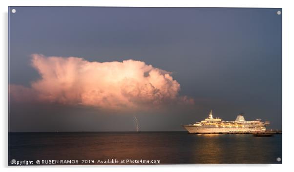 A thunderbolt hit the sea next to a ship. Acrylic by RUBEN RAMOS