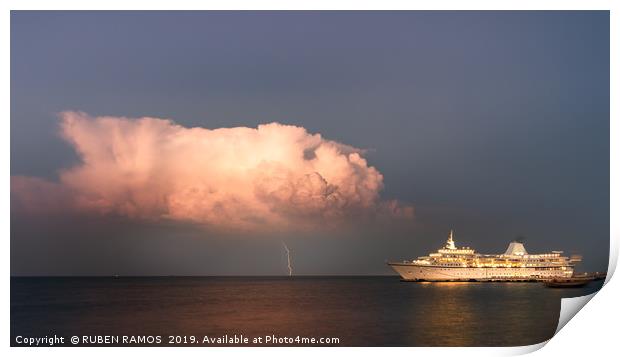 A thunderbolt hit the sea next to a ship. Print by RUBEN RAMOS