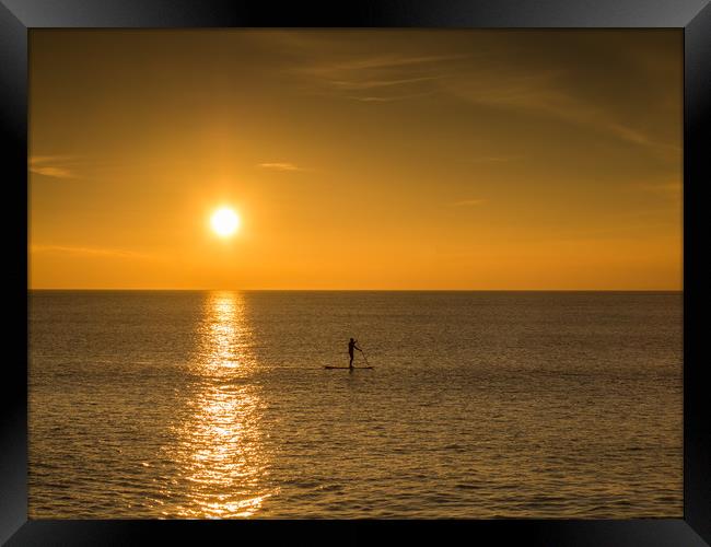 sunset paddle boarder at Westward Ho  Framed Print by Tony Twyman