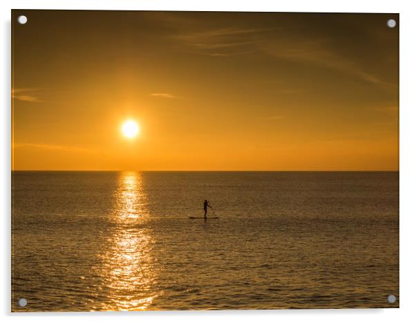 sunset paddle boarder at Westward Ho  Acrylic by Tony Twyman