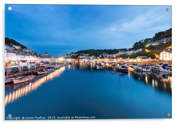 Looe harbour and the river, at night Acrylic by Justin Foulkes