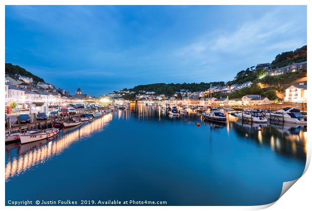 Looe harbour and the river, at night Print by Justin Foulkes