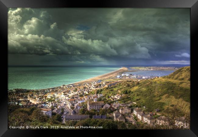 Storm Clouds Over Chesil Beach Framed Print by Nicola Clark