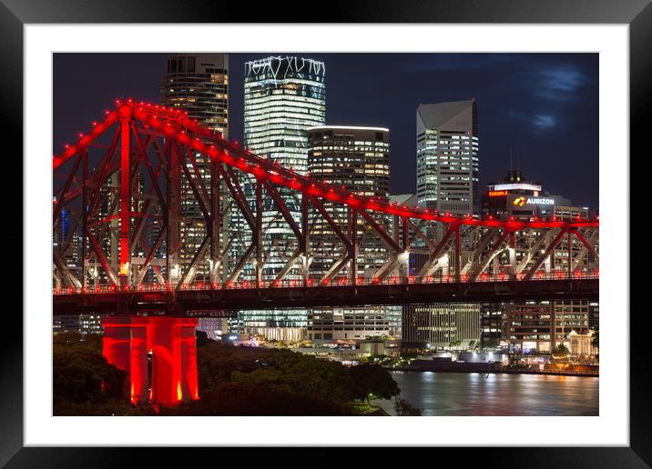 Story Bridge lit after dark, Brisbane. Framed Mounted Print by Andrew Michael