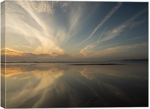 Devon beach Sunset on a reflective Westward Ho!  Canvas Print by Tony Twyman
