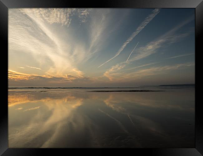 Devon beach Sunset on a reflective Westward Ho!  Framed Print by Tony Twyman