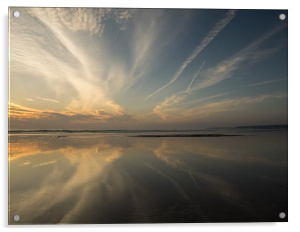 Devon beach Sunset on a reflective Westward Ho!  Acrylic by Tony Twyman