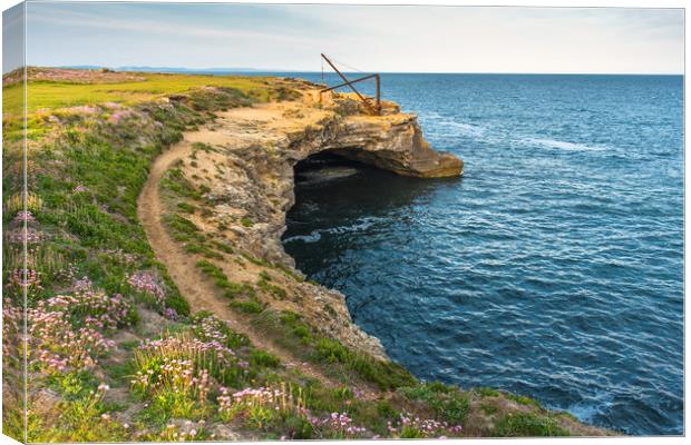 Stone quarry crane above sea cave Canvas Print by Andrew Michael
