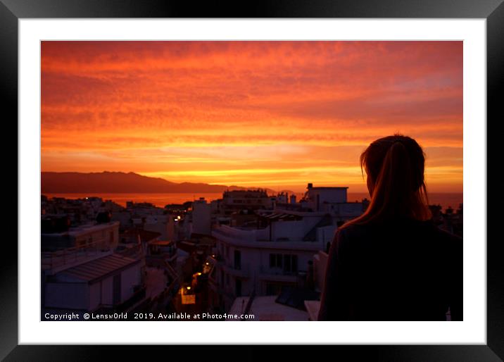 Girl watching the sunset in Heraklion, Crete, Gree Framed Mounted Print by Lensw0rld 