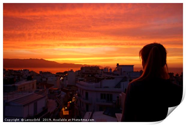 Girl watching the sunset in Heraklion, Crete, Gree Print by Lensw0rld 