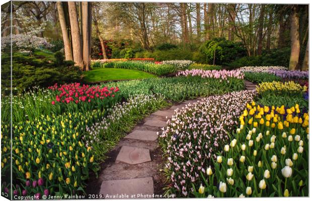 Pathway through Colorful Flowerbeds in Keukenhof Canvas Print by Jenny Rainbow