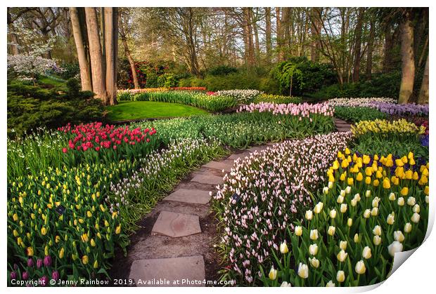 Pathway through Colorful Flowerbeds in Keukenhof Print by Jenny Rainbow