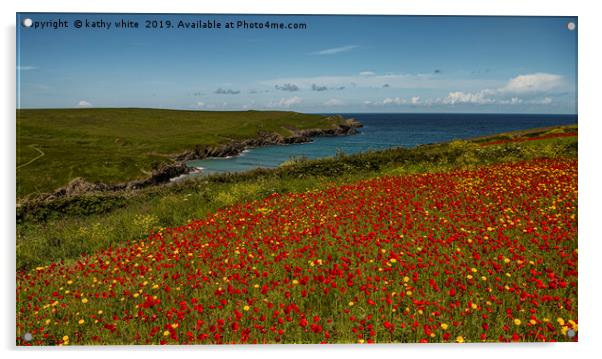 West Pentire ,Red poppies and Corn Marigold  Acrylic by kathy white