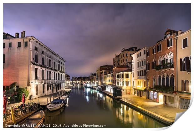 A canal water street with boats in Venice. Print by RUBEN RAMOS