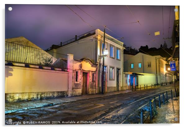 Foggy night and tram railways in Lisbon. Acrylic by RUBEN RAMOS