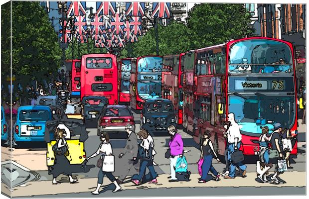 A busy Oxford Street with shoppers and red buses.  Canvas Print by Andrew Michael