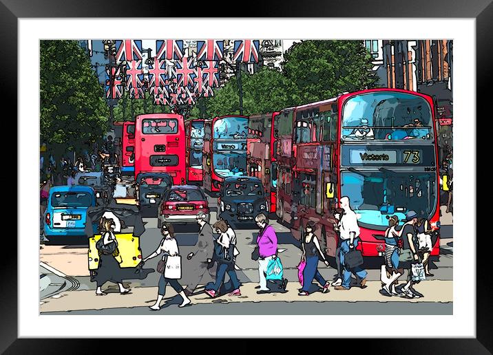 A busy Oxford Street with shoppers and red buses.  Framed Mounted Print by Andrew Michael