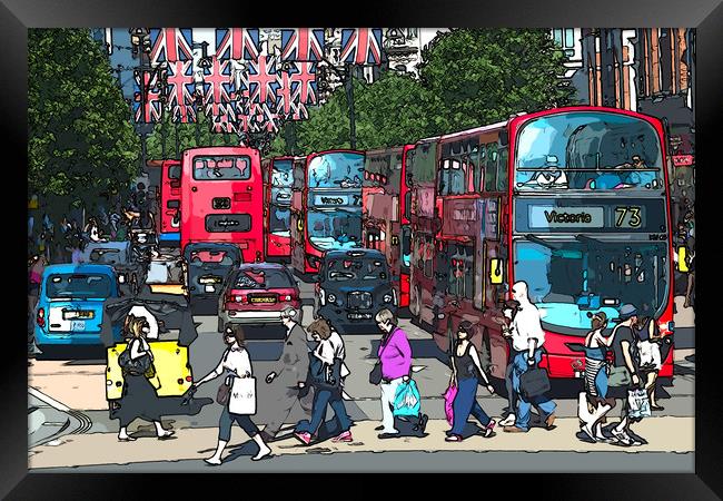 A busy Oxford Street with shoppers and red buses.  Framed Print by Andrew Michael