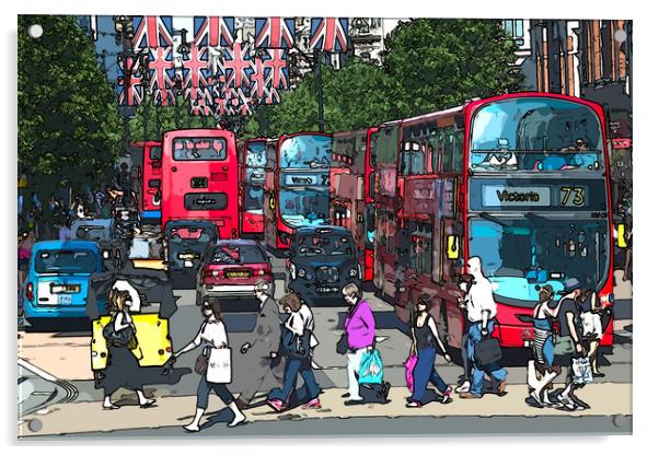 A busy Oxford Street with shoppers and red buses.  Acrylic by Andrew Michael