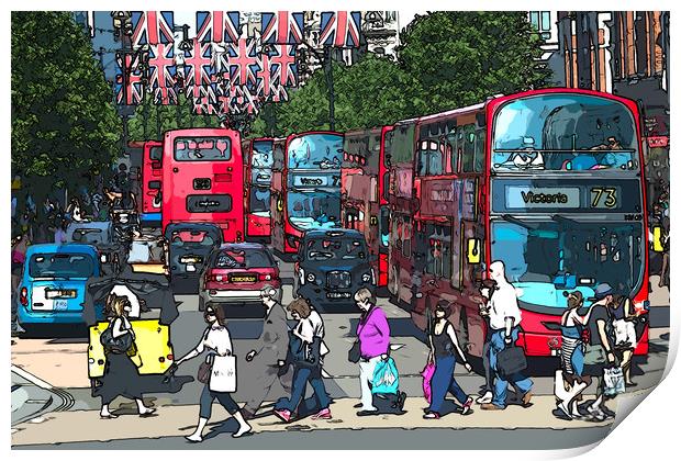 A busy Oxford Street with shoppers and red buses.  Print by Andrew Michael
