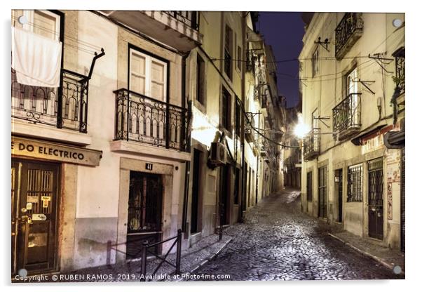 A narrow stone street empty in Lisbon. Acrylic by RUBEN RAMOS