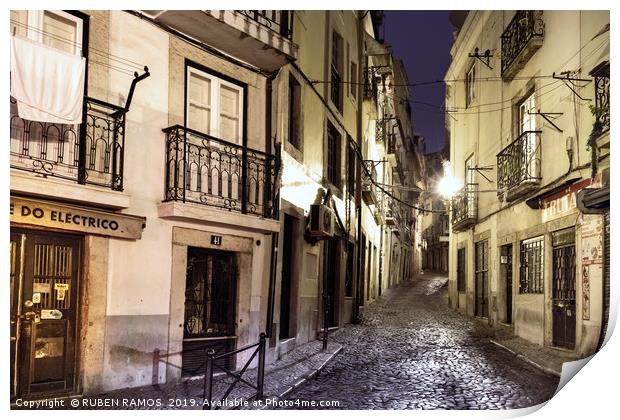 A narrow stone street empty in Lisbon. Print by RUBEN RAMOS
