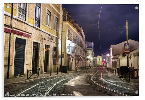 An old stone street in Lisbon at night. Acrylic by RUBEN RAMOS