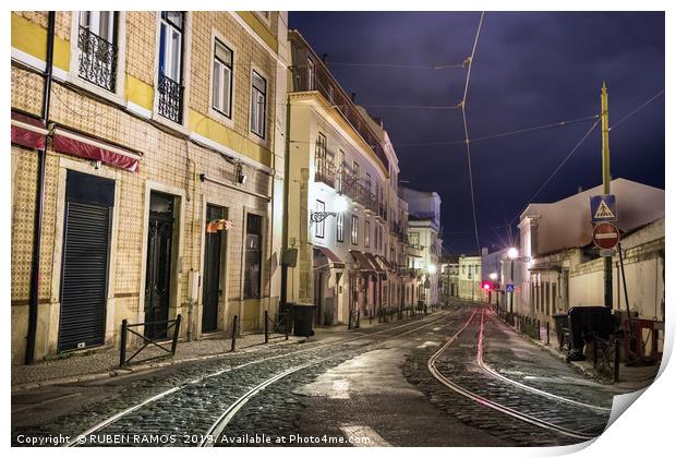 An old stone street in Lisbon at night. Print by RUBEN RAMOS