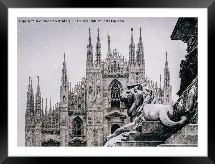 Snow falling at Piazza del Duomo in Milan, Italy Framed Mounted Print by Alexandre Rotenberg