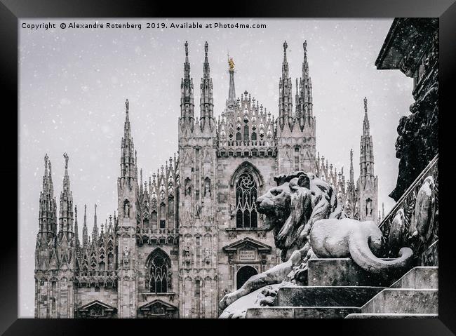 Snow falling at Piazza del Duomo in Milan, Italy Framed Print by Alexandre Rotenberg