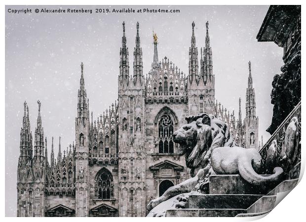 Snow falling at Piazza del Duomo in Milan, Italy Print by Alexandre Rotenberg
