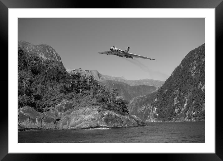 Vulcan leaving Milford Sound B&W version Framed Mounted Print by Gary Eason